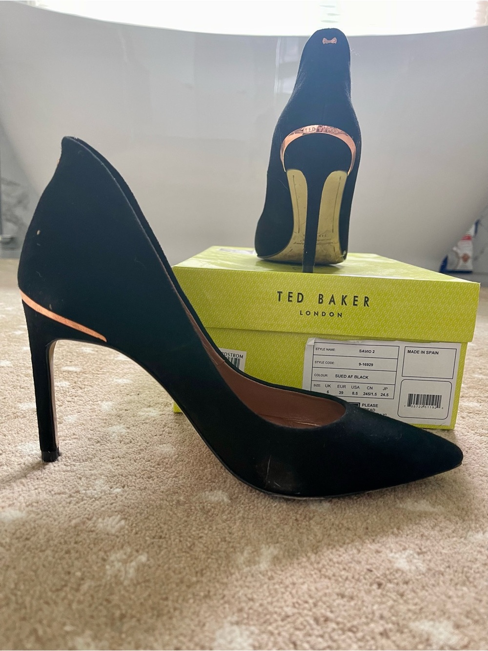 Ted Baker Black Suede Pointed Toe Stiletto Pumps with Rose Gold Trim